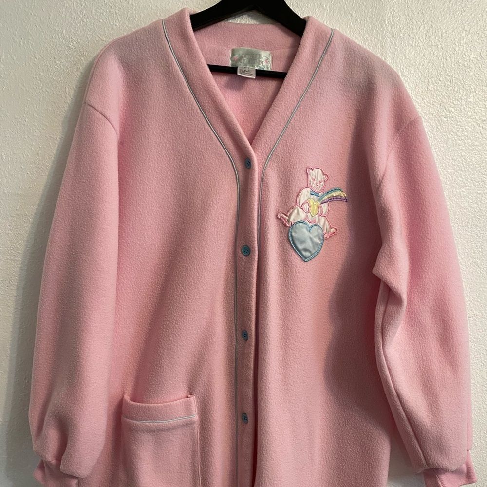 Vintage Women's Pink Button Up 80's Fleece Robe L Teddy Bear Cozy Loungewear B2